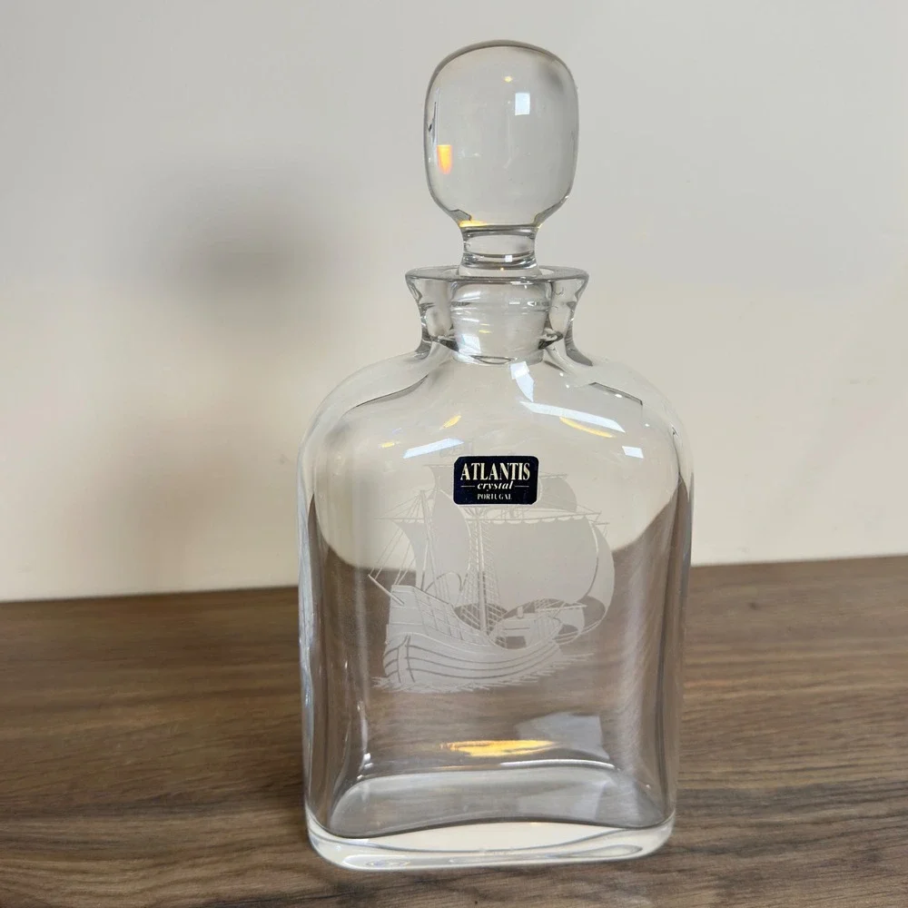 Atlantis Full Lead Crystal Decanter Portugal Etched Sailing Ship Nautical 9.5